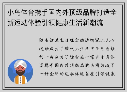 小鸟体育携手国内外顶级品牌打造全新运动体验引领健康生活新潮流