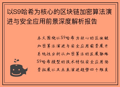 以S9哈希为核心的区块链加密算法演进与安全应用前景深度解析报告