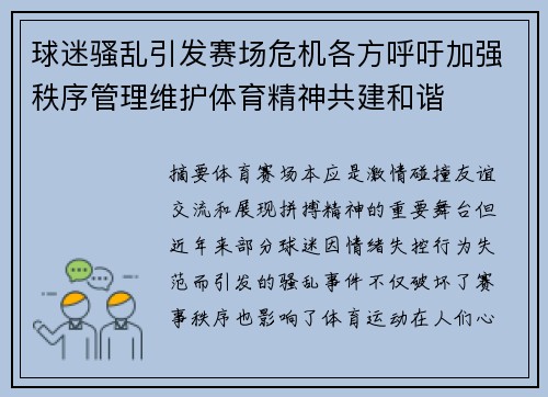 球迷骚乱引发赛场危机各方呼吁加强秩序管理维护体育精神共建和谐